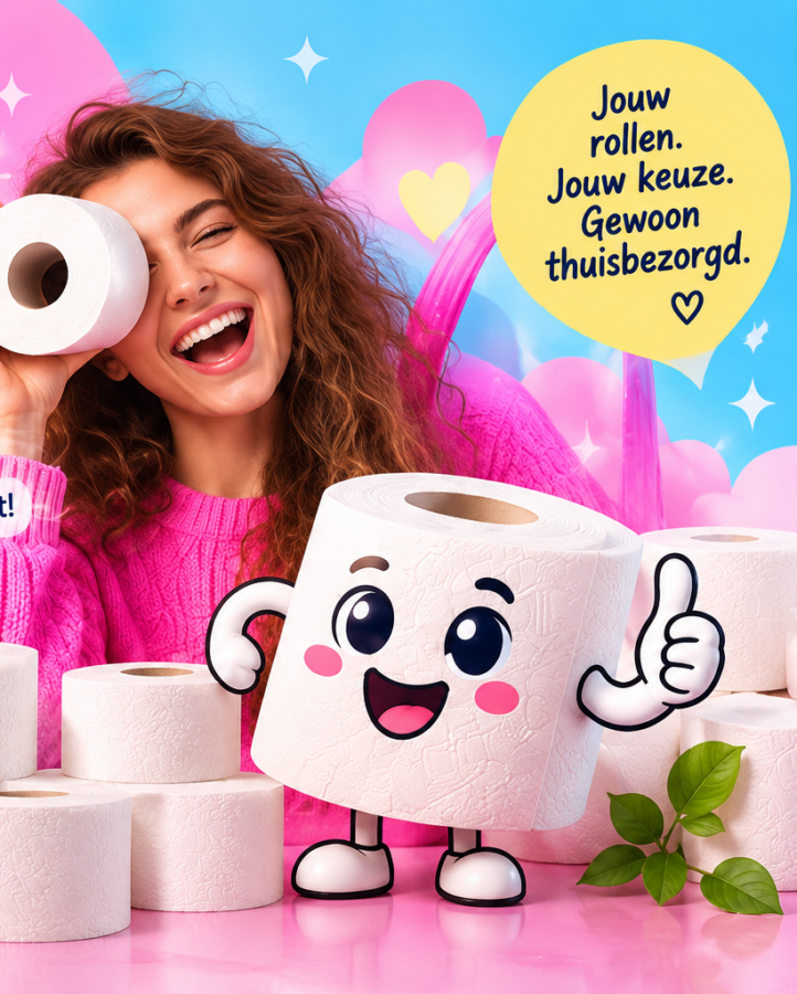 Lachende vrouw met een CheekyRolls toiletrol, met de CheekyRolls-mascotte en een stapel rollen
